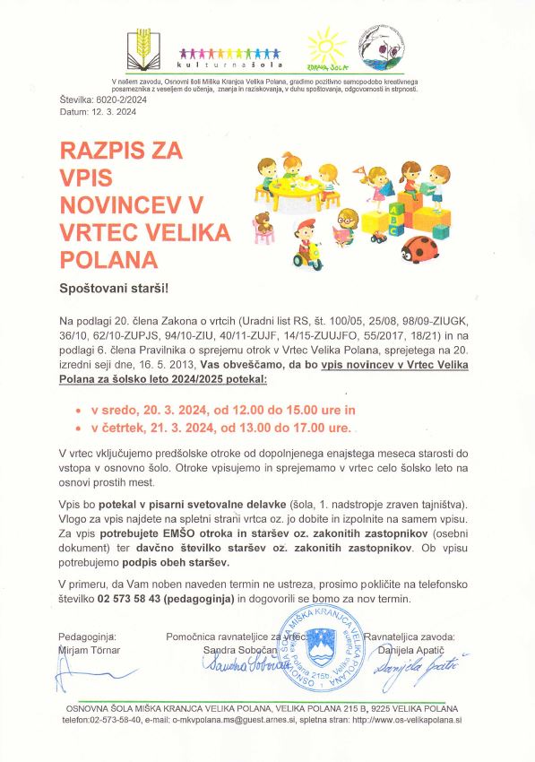Razpis za vpis novincev v vrtec Velika Polana 2024